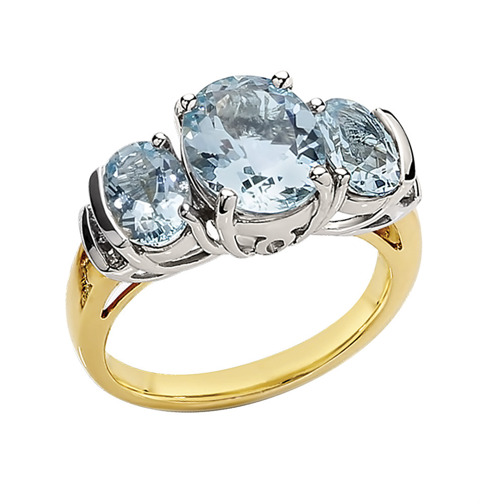9ct YG Oval Aquamarine 10x8mm, 7x5mm & Diamond =.06pts GHSI Trilogy Ring