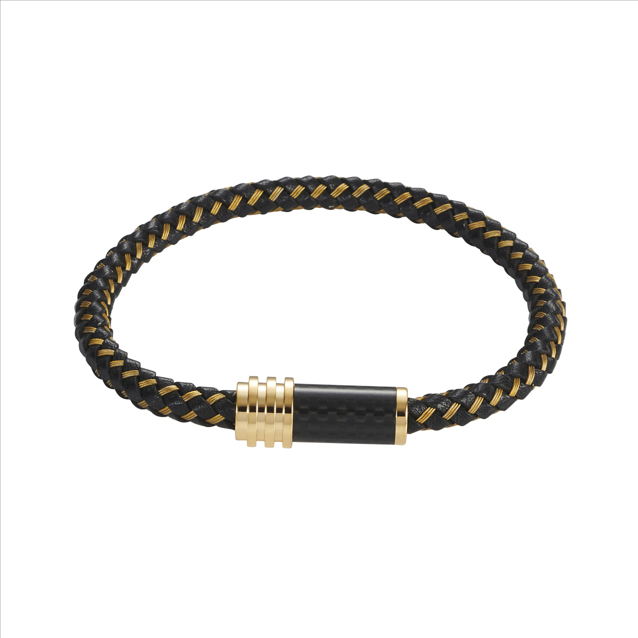 Stainless Steel IP Gold/Black Leather Cable Carbon Fibre Bracelet