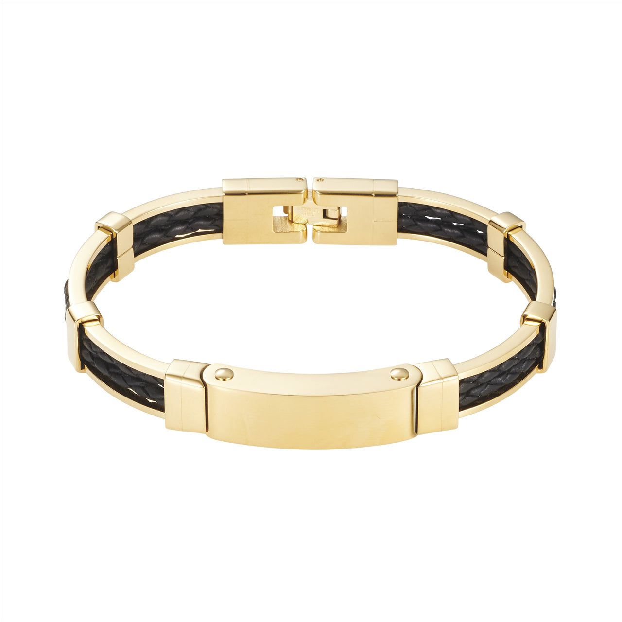 Ion Plated Polished 14k Gold/Stainless Steel Black Leather Bracelet