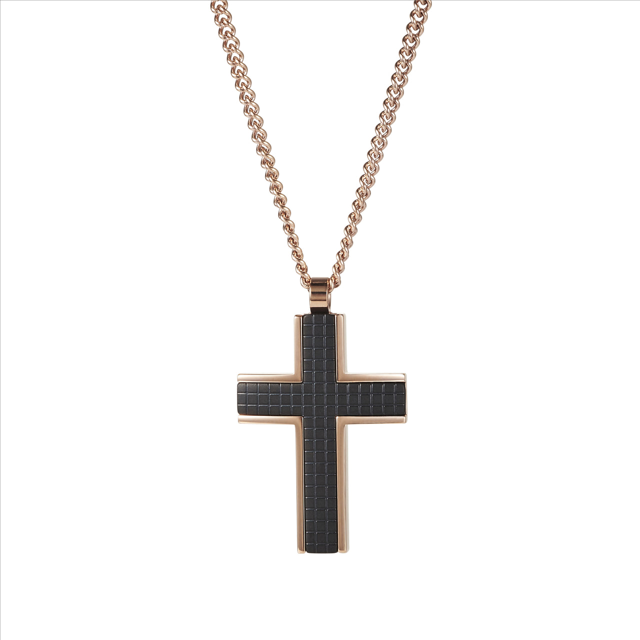 Ion Plated Rose Gold and Black Chequered Inlay on IP Rose Gold Curbed Link Chain