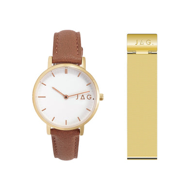 Jag Camden Tan Leather Watch and Mesh Strap Set 32mm Watch